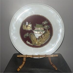 Vintage 11” Chinese 3D Convex Carved Shell  Porcelain Plate With Bamboo Stand